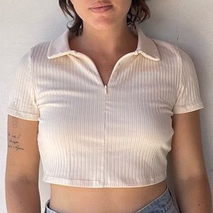 H&M divided cream ribbed crop top with collar